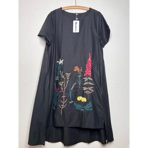 Black Floral Embroidered Tunic Oversized Midi Dress Cotton Linen‎ Medium Artsy